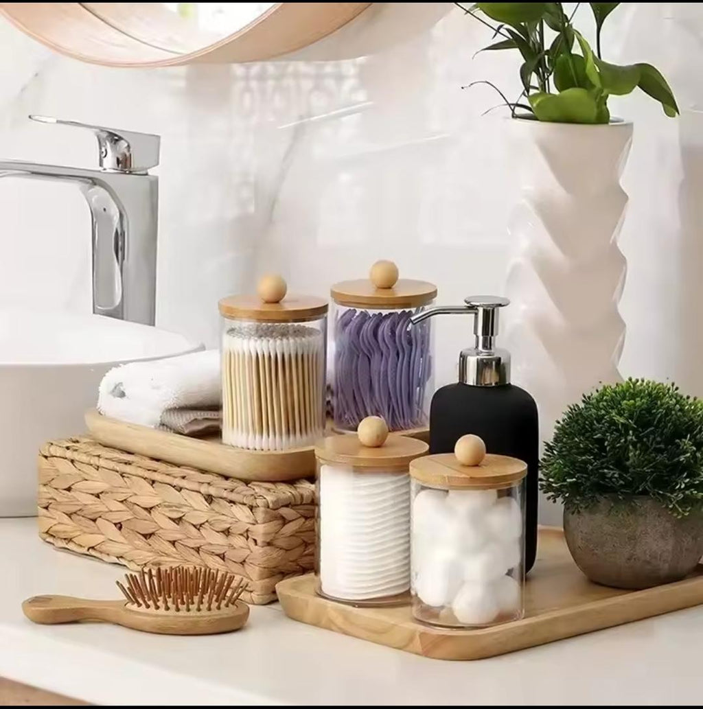 Acrylic Swab Container with Bamboo Lid