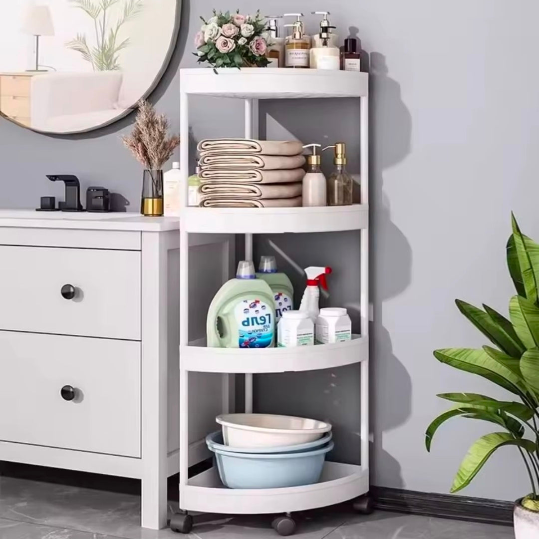 4-Tier Corner Storage Rack with Wheels – White, Black & Grey