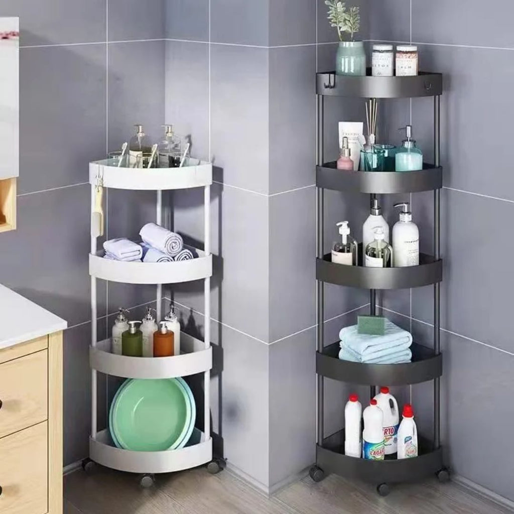 4-Tier Corner Storage Rack with Wheels – White, Black & Grey