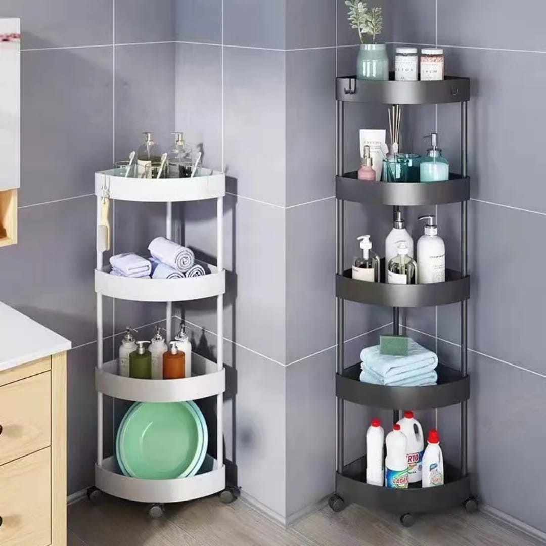 4-Tier Corner Storage Rack with Wheels – White, Black & Grey