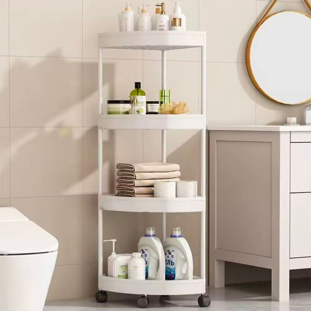 4-Tier Corner Storage Rack with Wheels – White, Black & Grey
