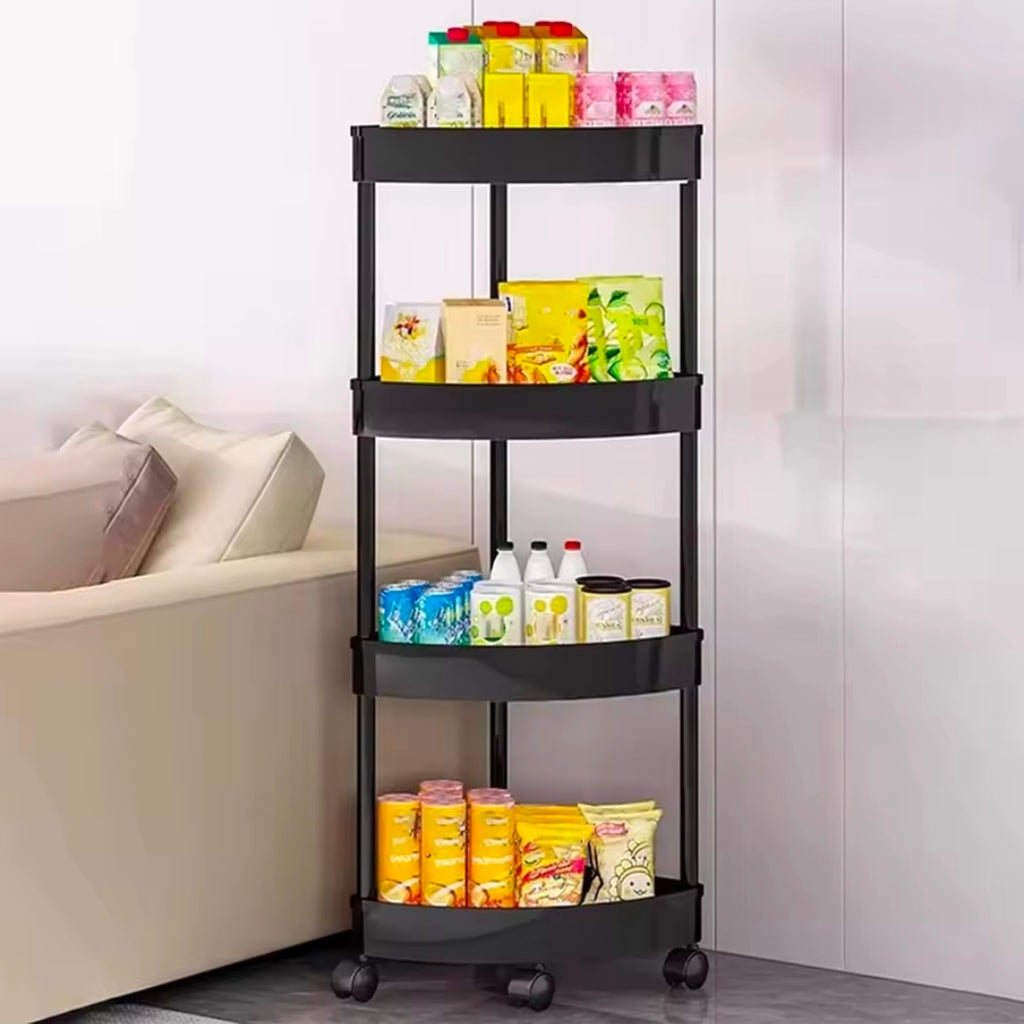 4-Tier Corner Storage Rack with Wheels – White, Black & Grey