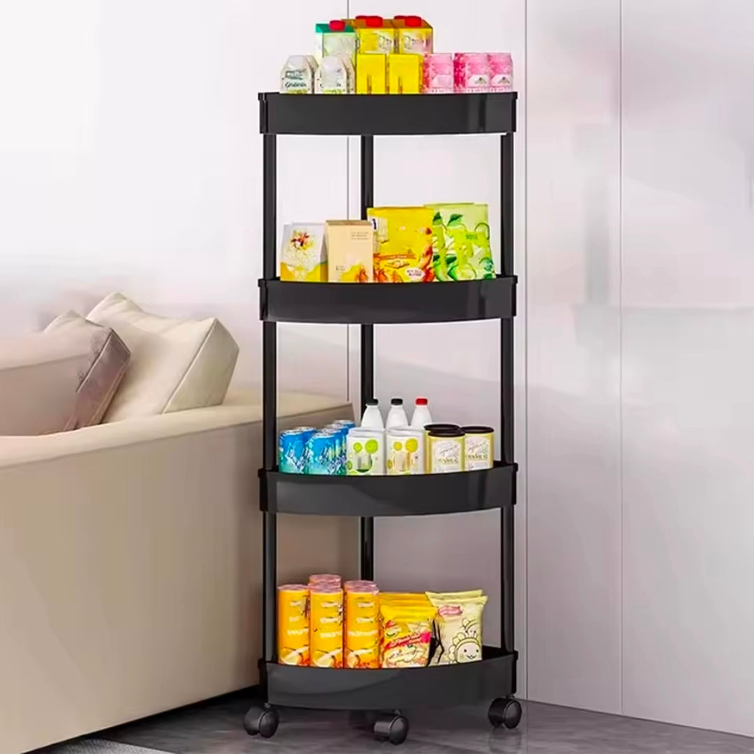 4-Tier Corner Storage Rack with Wheels – White, Black & Grey