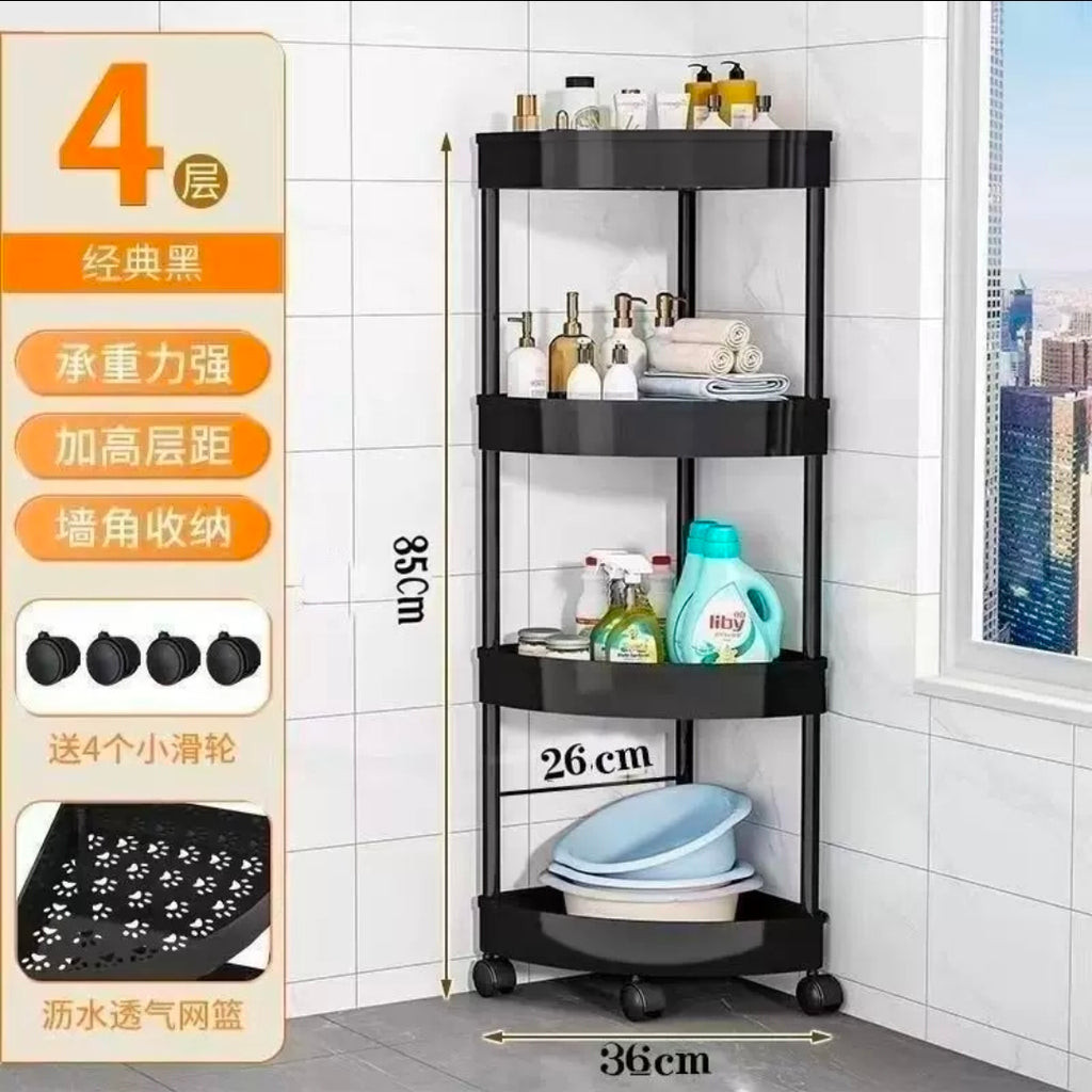 4-Tier Corner Storage Rack with Wheels – White, Black & Grey