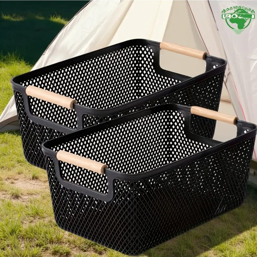 Large Modern Mesh Storage Basket with Wooden Handles – Black