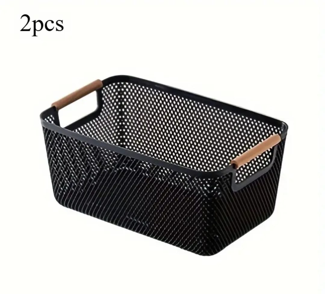 Large Modern Mesh Storage Basket with Wooden Handles – Black
