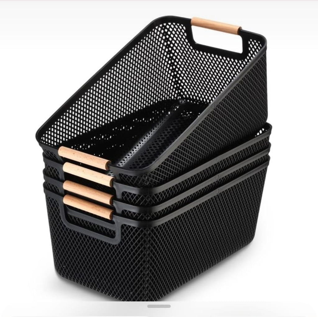 Large Modern Mesh Storage Basket with Wooden Handles – Black