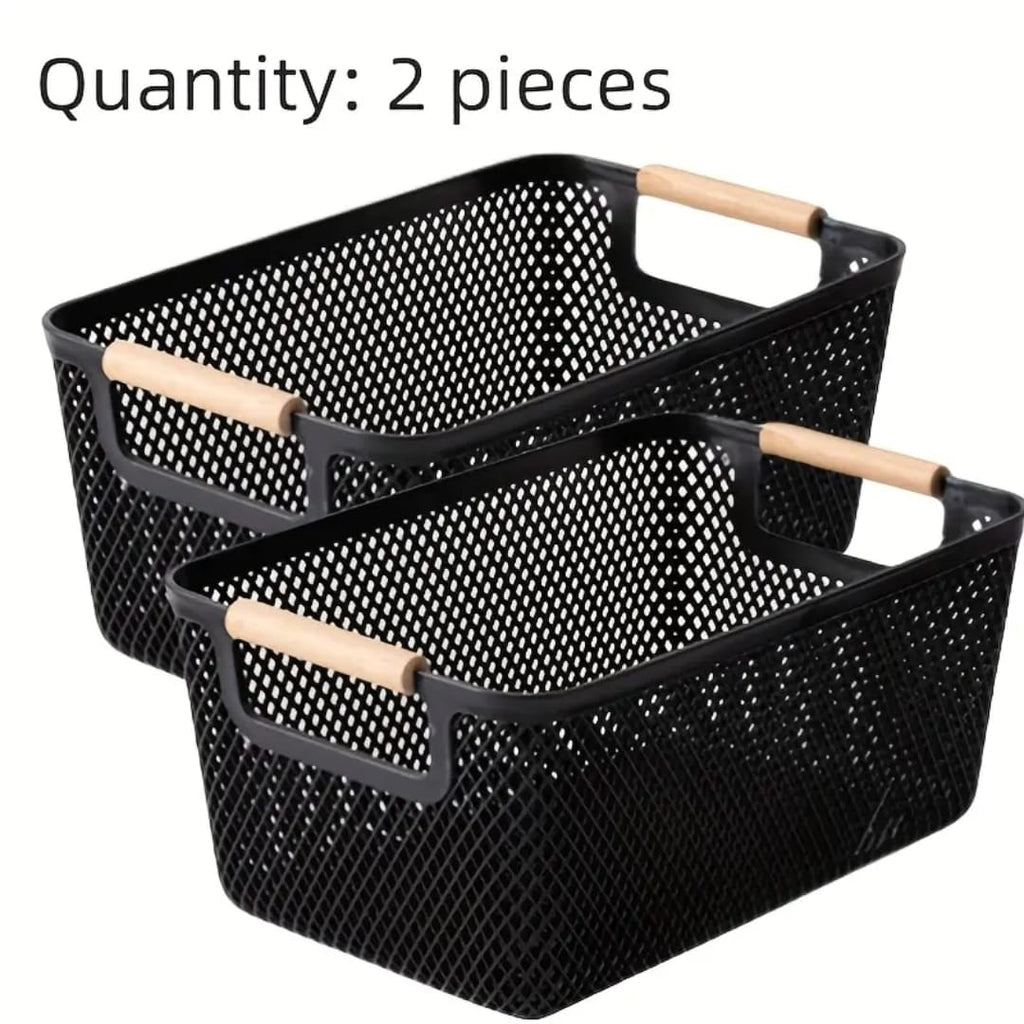 Large Modern Mesh Storage Basket with Wooden Handles – Black