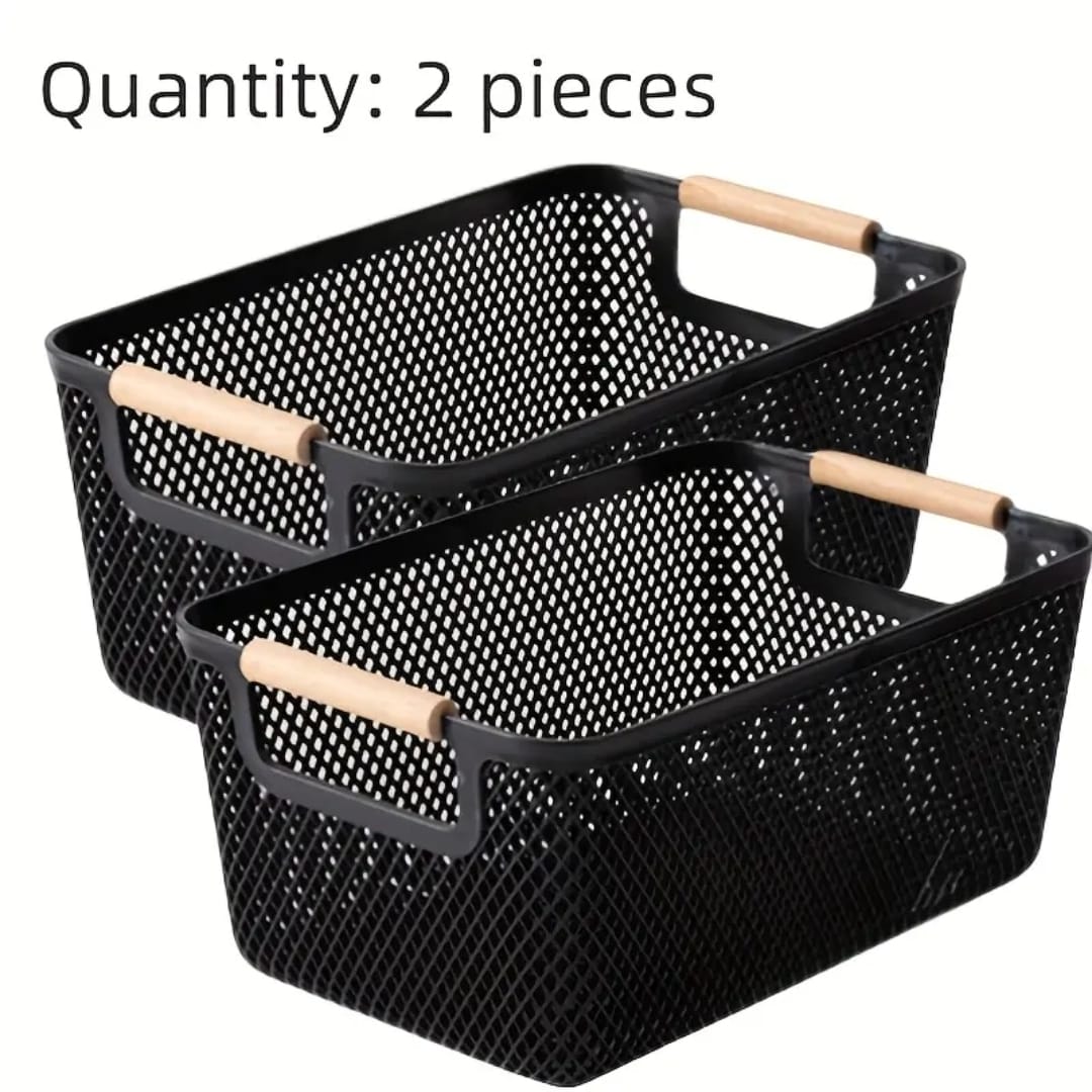 Large Modern Mesh Storage Basket with Wooden Handles – Black
