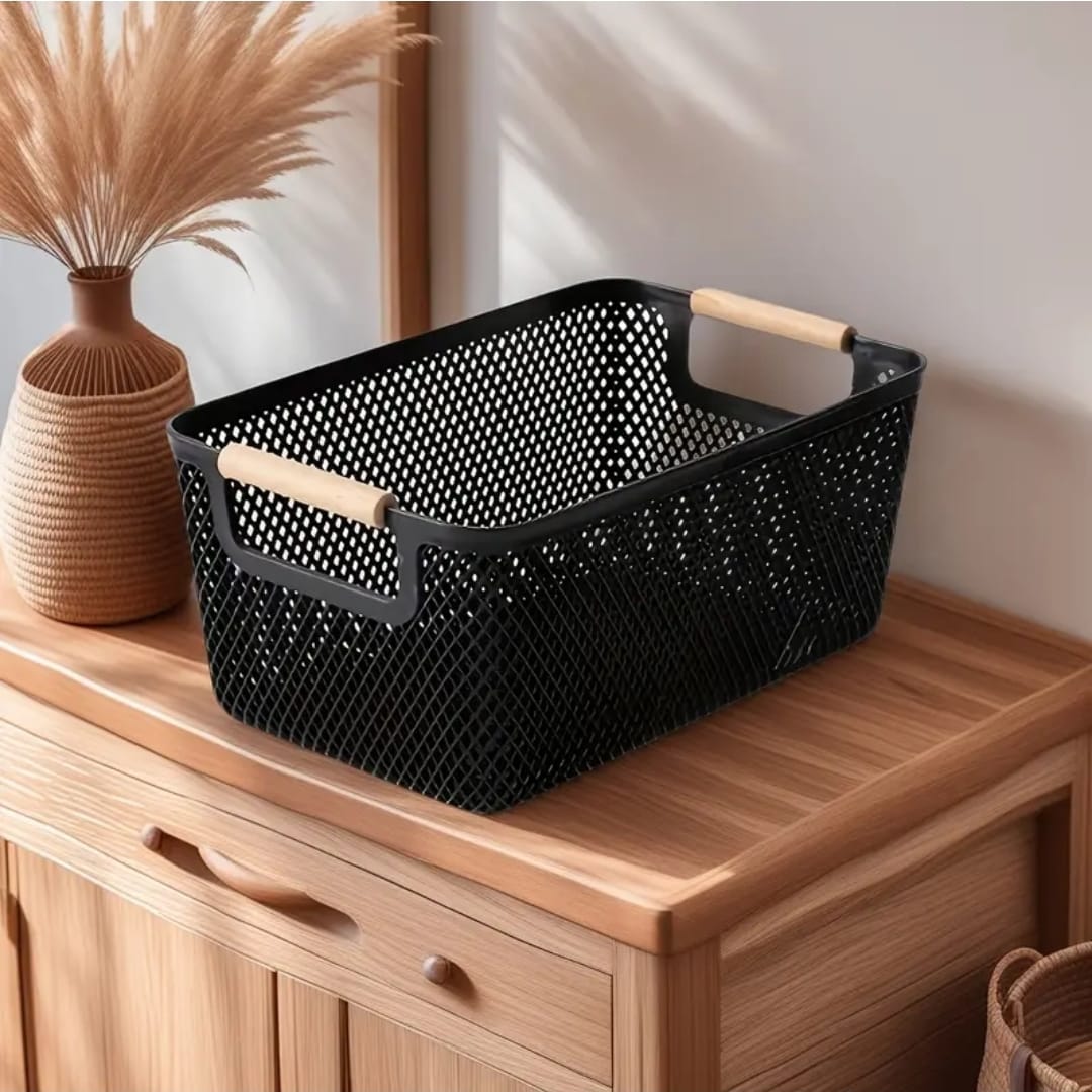 Large Modern Mesh Storage Basket with Wooden Handles – Black