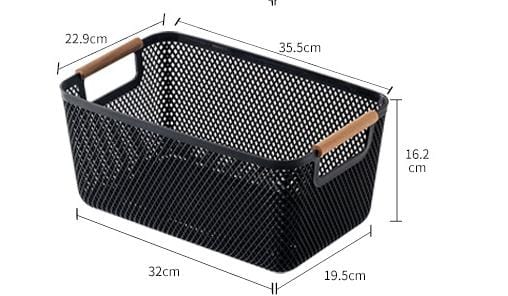 Large Modern Mesh Storage Basket with Wooden Handles – Black