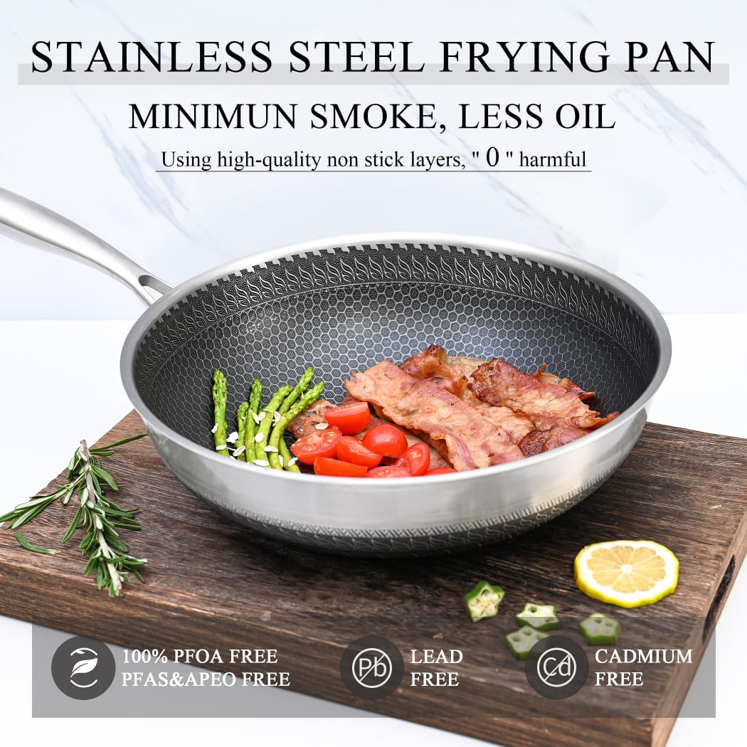 Laser Etched Hexagonal 3-Ply Stainless Steel Frying Pan – 24cm & 28cm