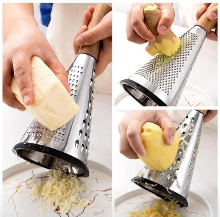 4-Sided Stainless Steel Cone Grater with Wooden Handle | Multi-Purpose Kitchen Grater