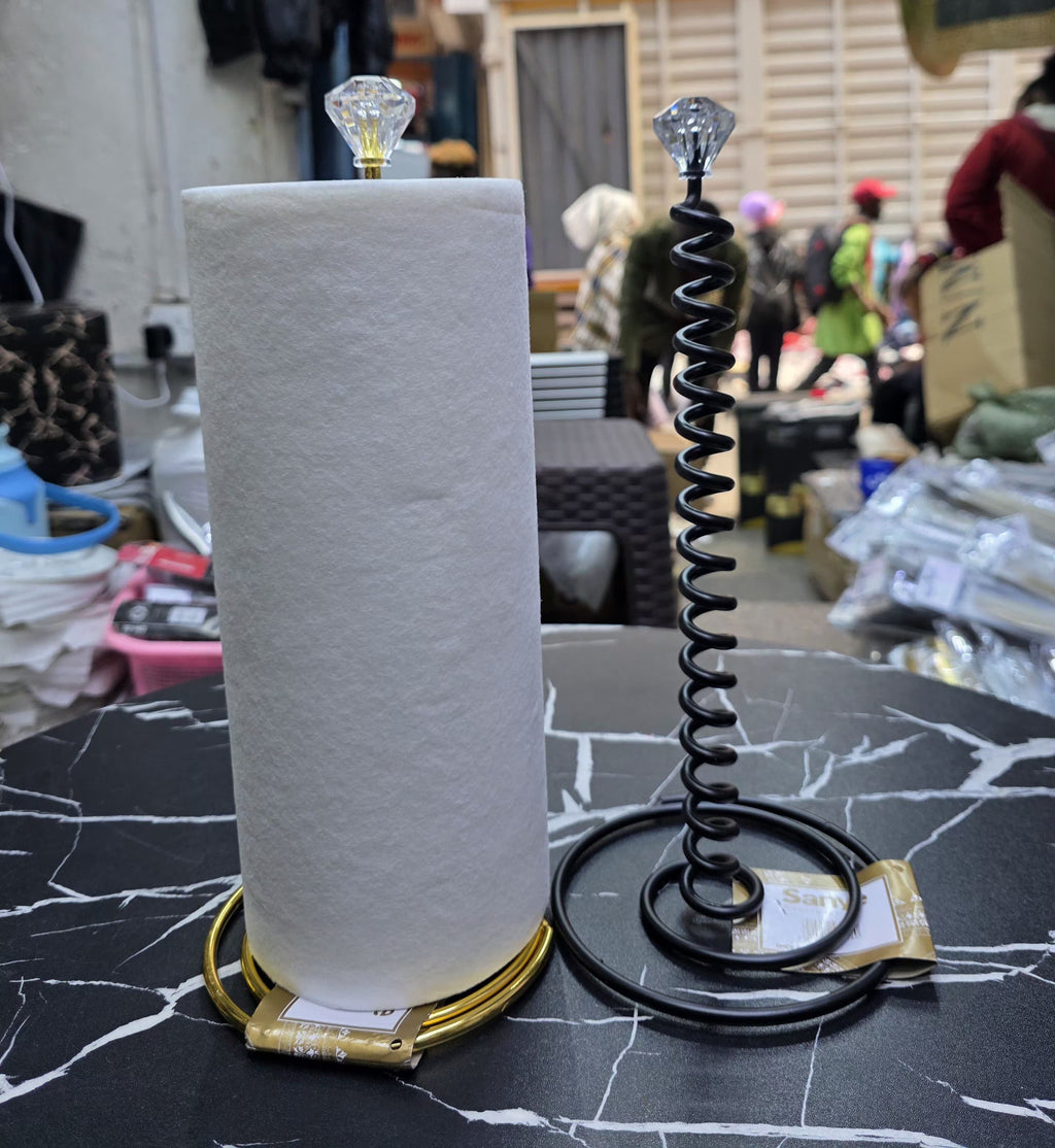 Stainless Steel Spiral Kitchen Roll & Tissue Holder with Crystal Diamond Top – Gold & Black