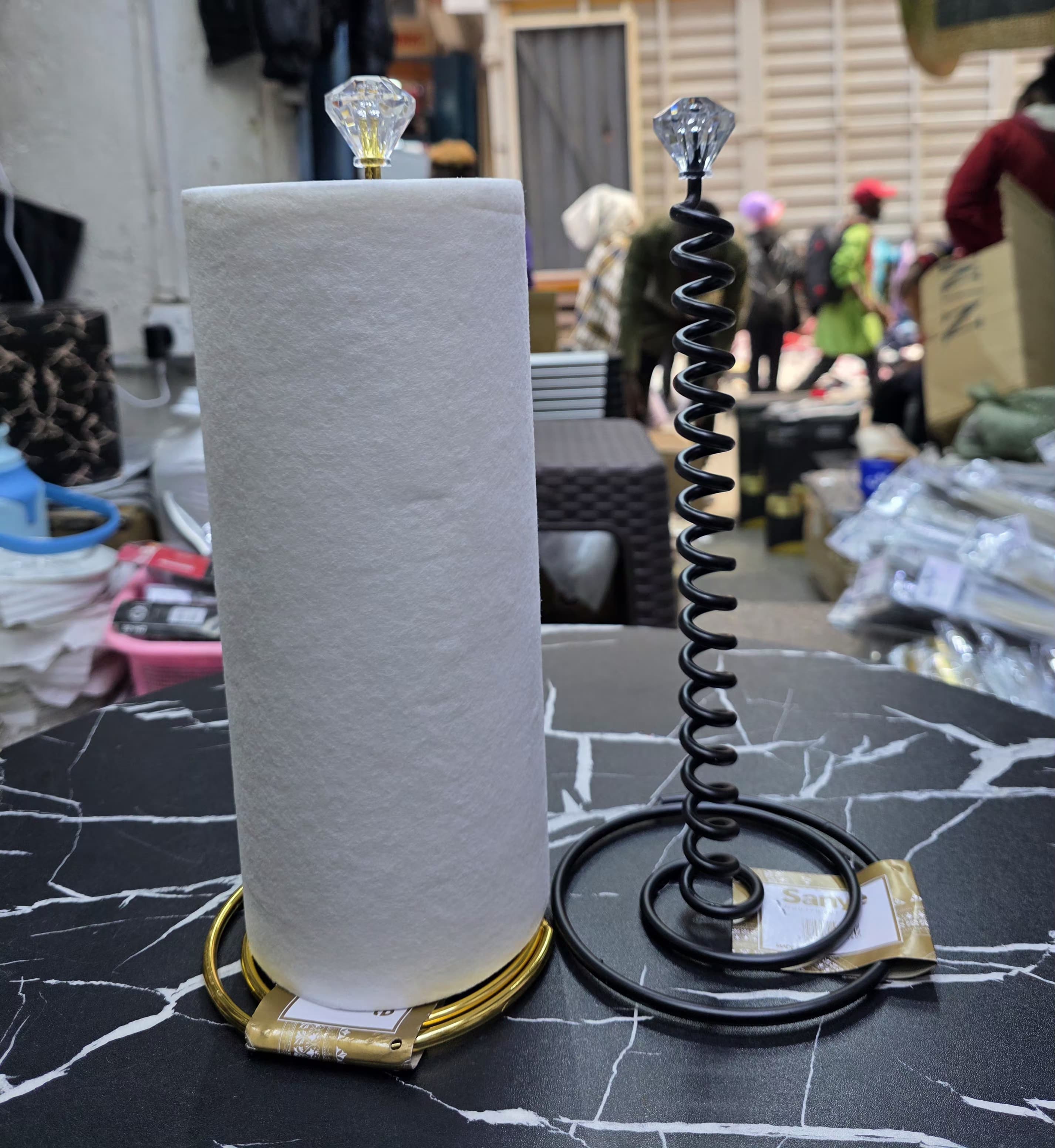 Stainless Steel Spiral Kitchen Roll & Tissue Holder with Crystal Diamond Top – Gold & Black