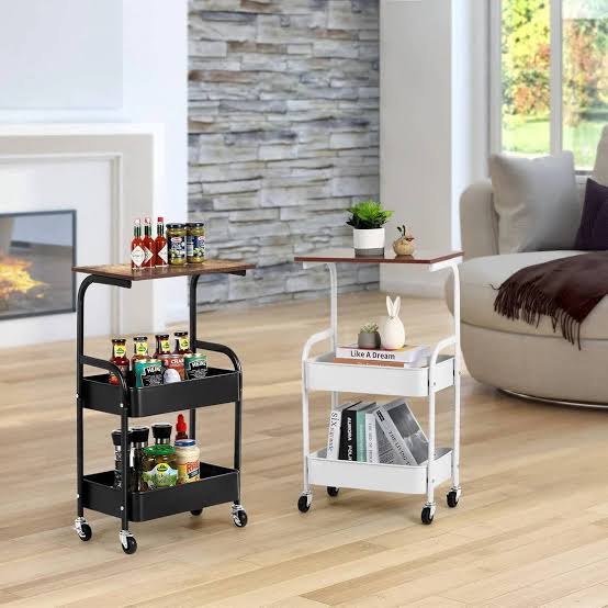Wooden Top Double Mesh Tray Rolling Trolley Rack – 42×29×76cm | Black & White