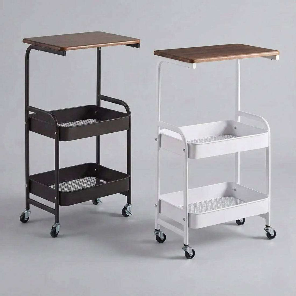 Wooden Top Double Mesh Tray Rolling Trolley Rack – 42×29×76cm | Black & White