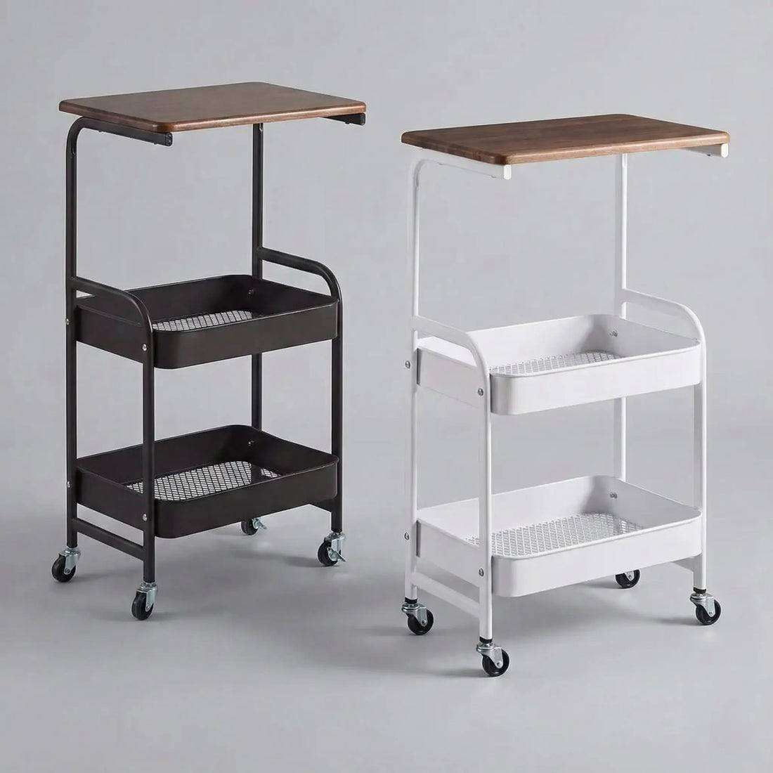 Wooden Top Double Mesh Tray Rolling Trolley Rack – 42×29×76cm | Black & White