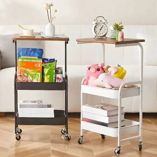 Wooden Top Double Mesh Tray Rolling Trolley Rack – 42×29×76cm | Black & White