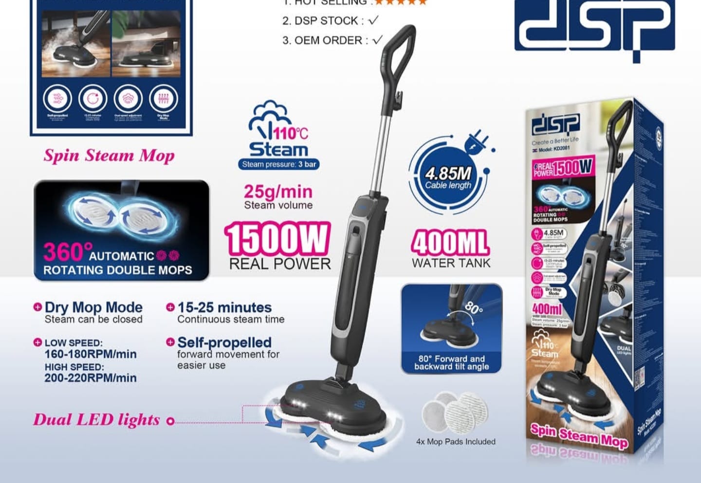 DSP Spin Steam Mop 1500W | 360° Auto Rotating Double Mops | Dual LED | 4.85M Cable