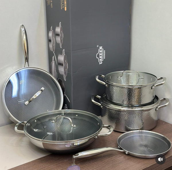 Uakeen Germany 7PCS Triply Hammered Stainless Steel Cookware Set | HoneyComb Non-Stick | All Cooktops