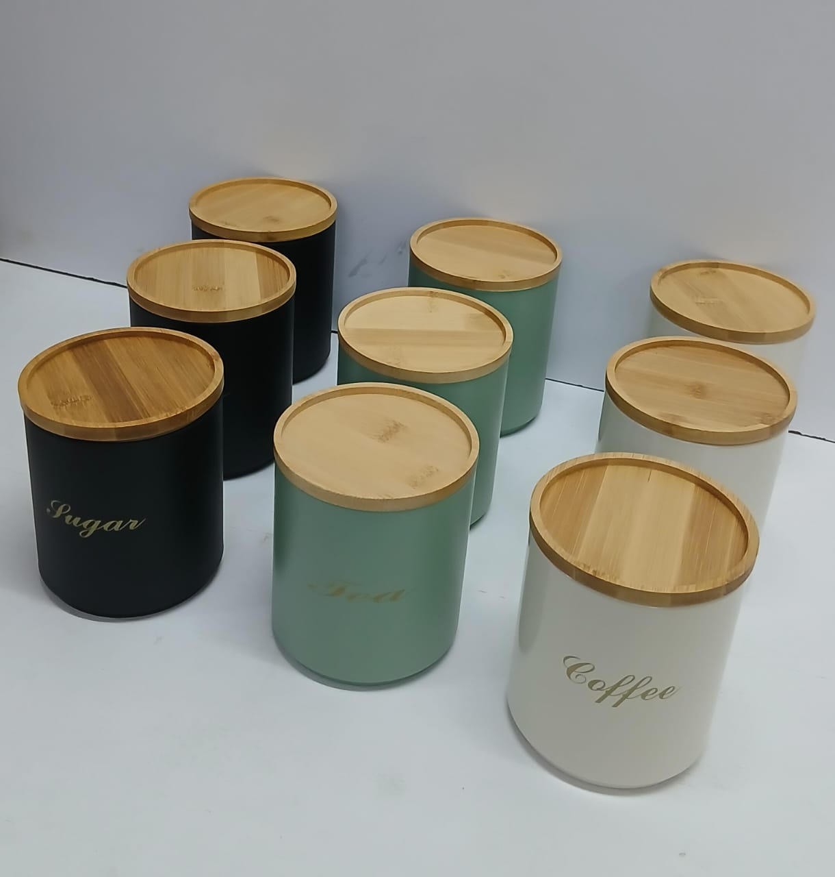 Sugar Tea Coffee Canister Set of 3 | Alloyed Metal with Bamboo Lid