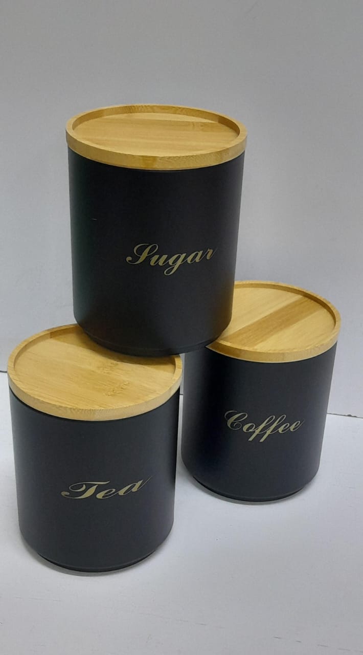 Sugar Tea Coffee Canister Set of 3 | Alloyed Metal with Bamboo Lid