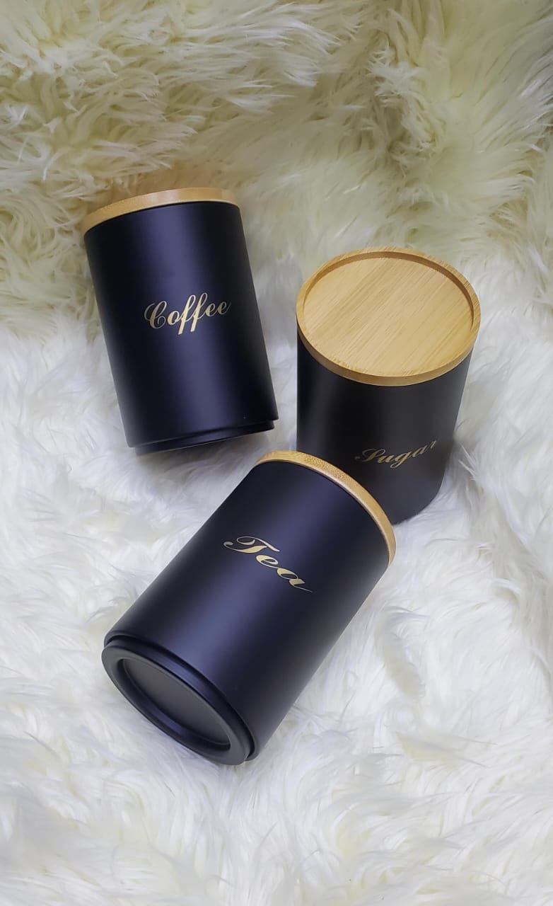 Sugar Tea Coffee Canister Set of 3 | Alloyed Metal with Bamboo Lid
