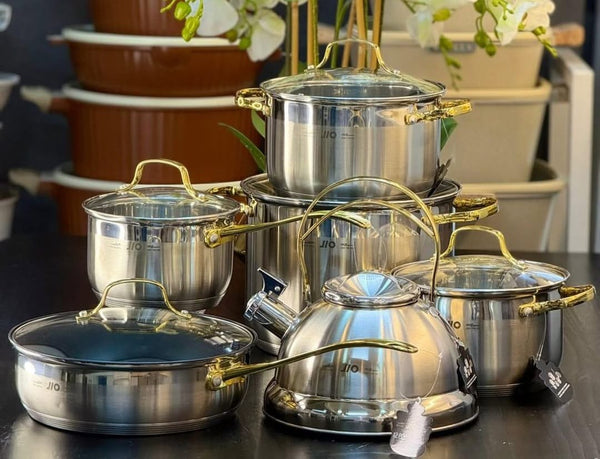 JIO 12PCS Premium Stainless Steel Cookware Set with Kettle | Gold Handles | All Cooktops
