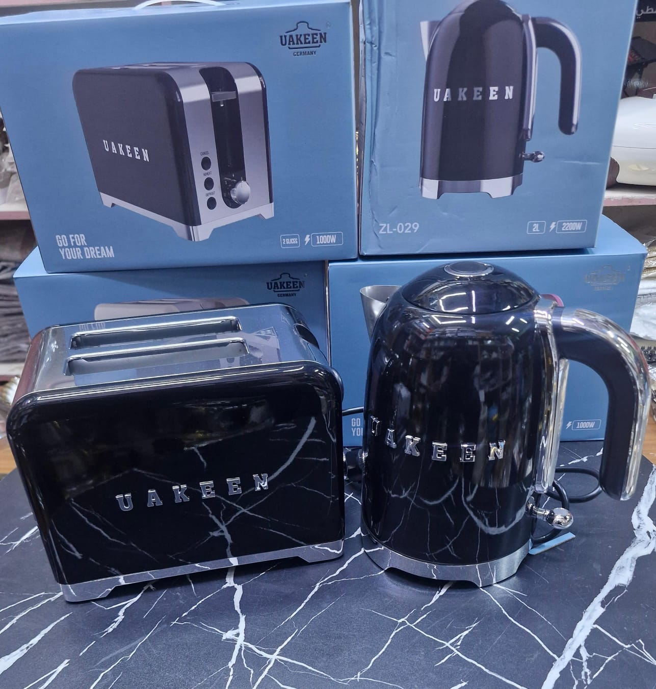 Uakeen Retro Breakfast Set | Electric Kettle 2L + 2-Slice Toaster 1000W