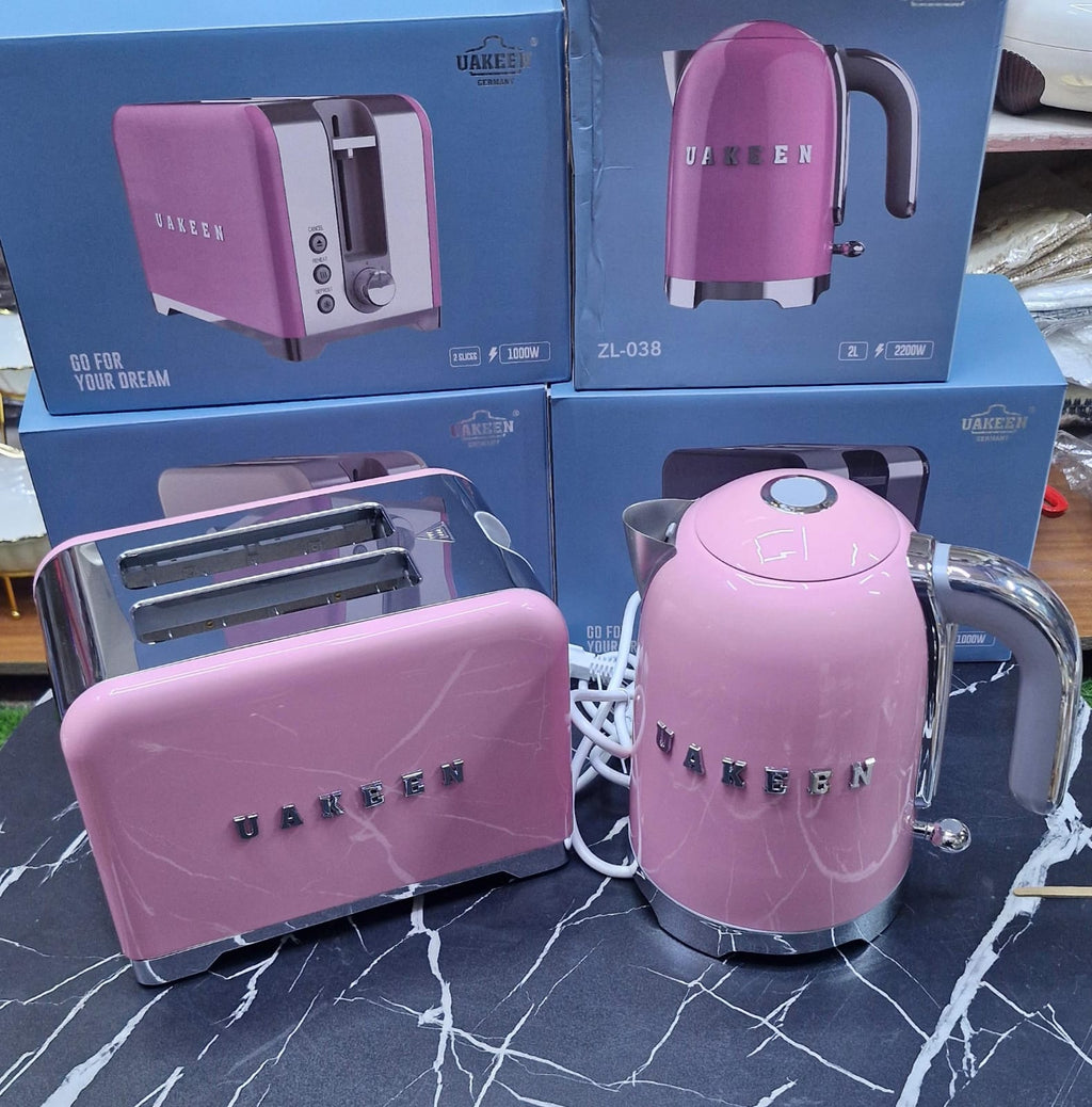 Uakeen Retro Breakfast Set | Electric Kettle 2L + 2-Slice Toaster 1000W