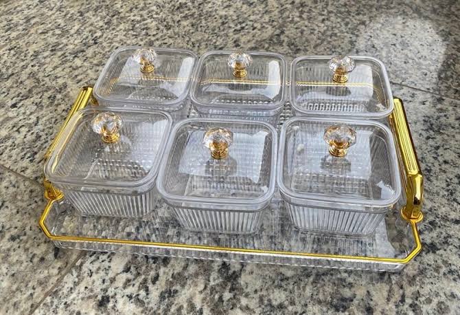 Acrylic Serving Tray 40×25cm + 6-Piece 420ml Crystal Candy Jars Set – Gold Trim