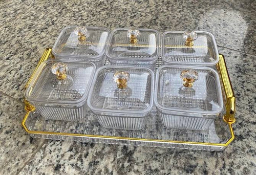 Acrylic Serving Tray 40×25cm + 6-Piece 420ml Crystal Candy Jars Set – Gold Trim