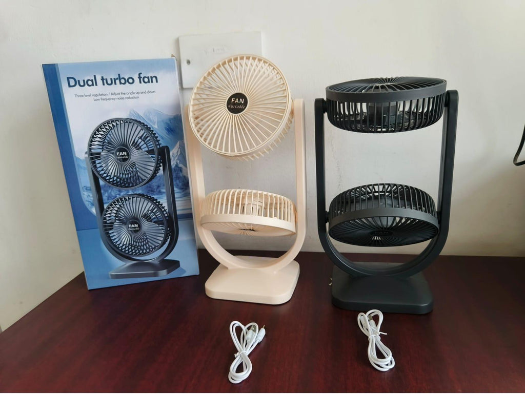 Vertical Double Head Duo Turbo Rechargeable Fan – 3-Speed | 2 Colours