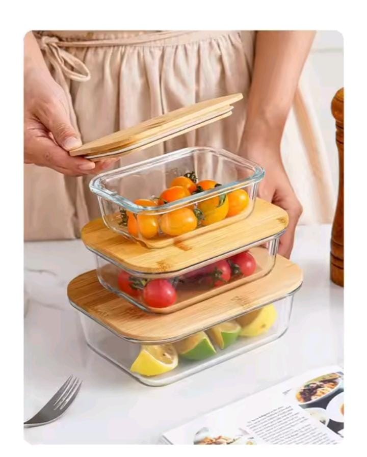 Glass Food Storage Containers Set of 3 with Bamboo Lid | 410ml, 680ml & 1040ml