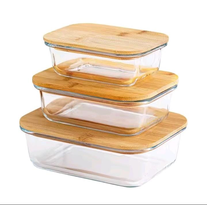 Glass Food Storage Containers Set of 3 with Bamboo Lid | 410ml, 680ml & 1040ml