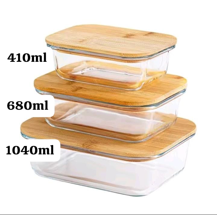 Glass Food Storage Containers Set of 3 with Bamboo Lid | 410ml, 680ml & 1040ml