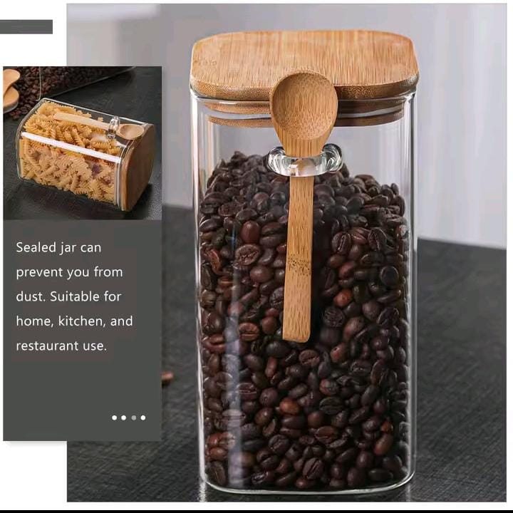 Glass Storage Jar with Bamboo Lid & Spoon | 500ml Round Airtight Canister