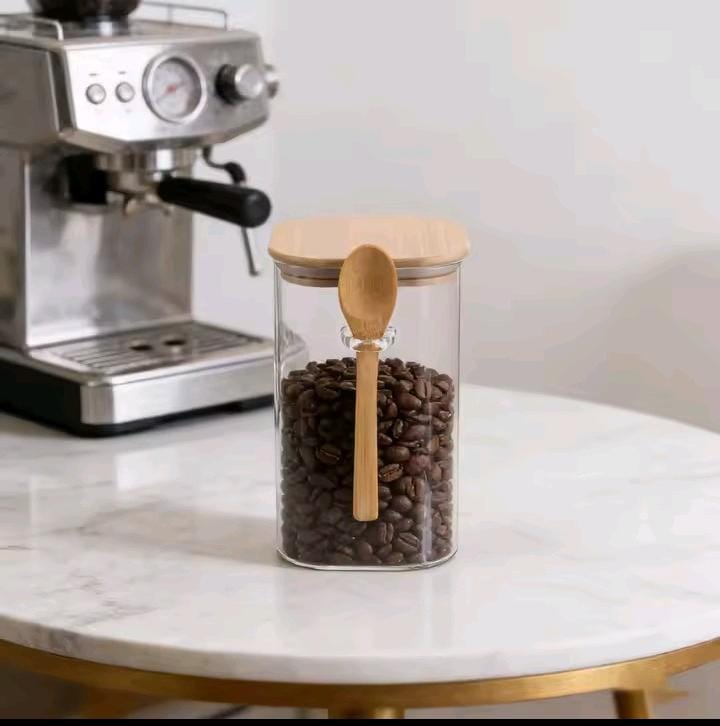 Glass Storage Jar with Bamboo Lid & Spoon | 500ml Round Airtight Canister