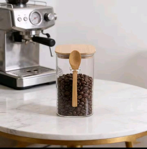Glass Storage Jar with Bamboo Lid & Spoon | 500ml Round Airtight Canister