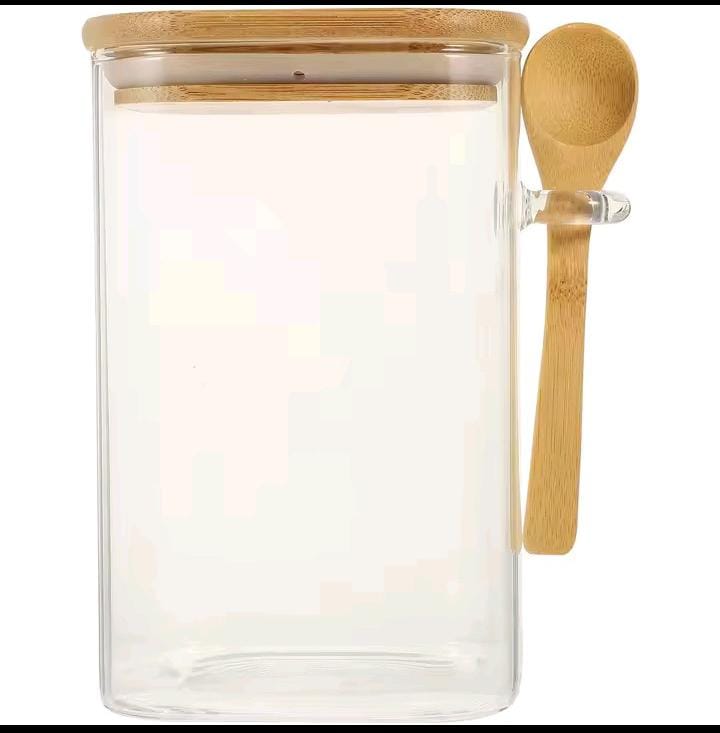 Glass Storage Jar with Bamboo Lid & Spoon | 500ml Round Airtight Canister