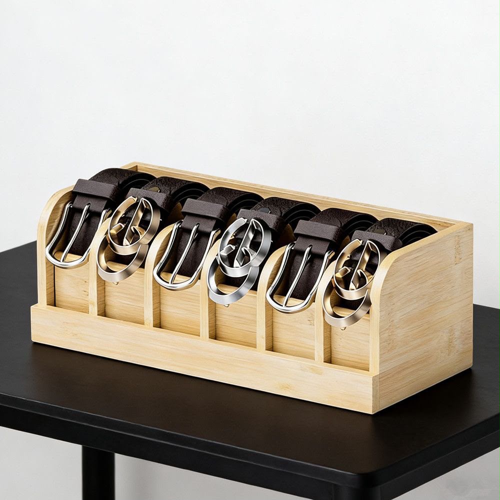 6-Slot Premium Bamboo Belt Organiser – Black & Brown