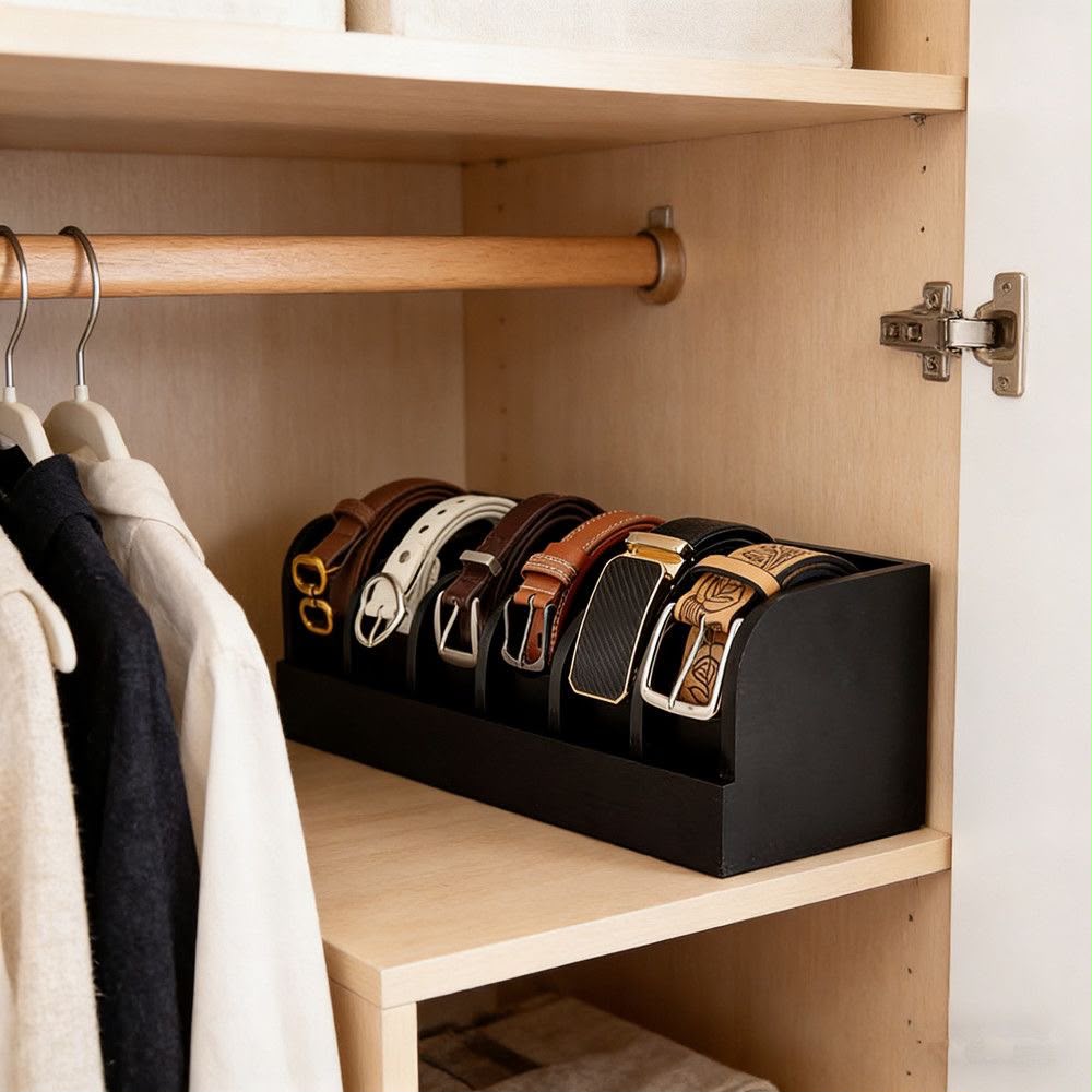 6-Slot Premium Bamboo Belt Organiser – Black & Brown