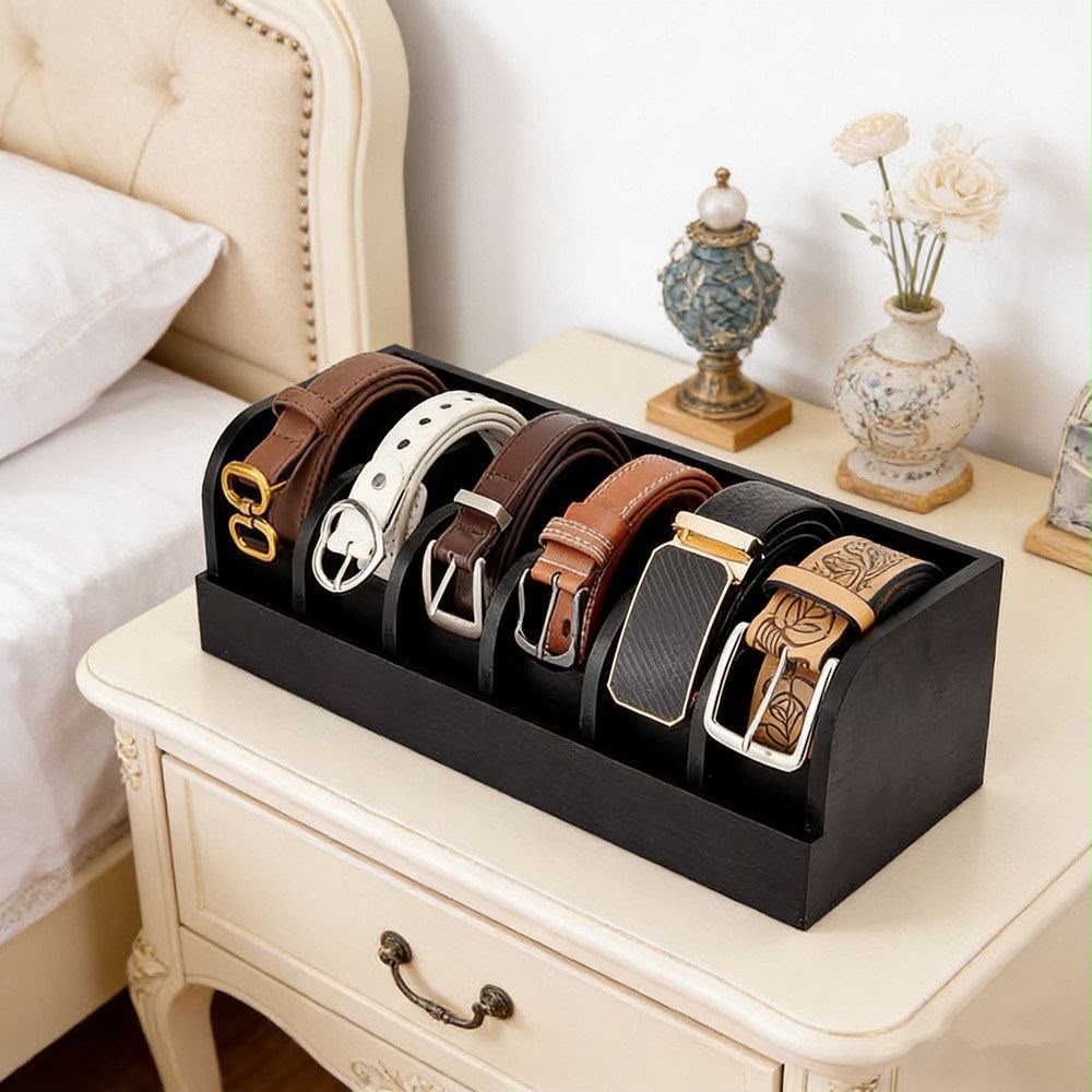 6-Slot Premium Bamboo Belt Organiser – Black & Brown