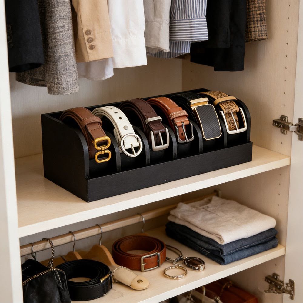 6-Slot Premium Bamboo Belt Organiser – Black & Brown