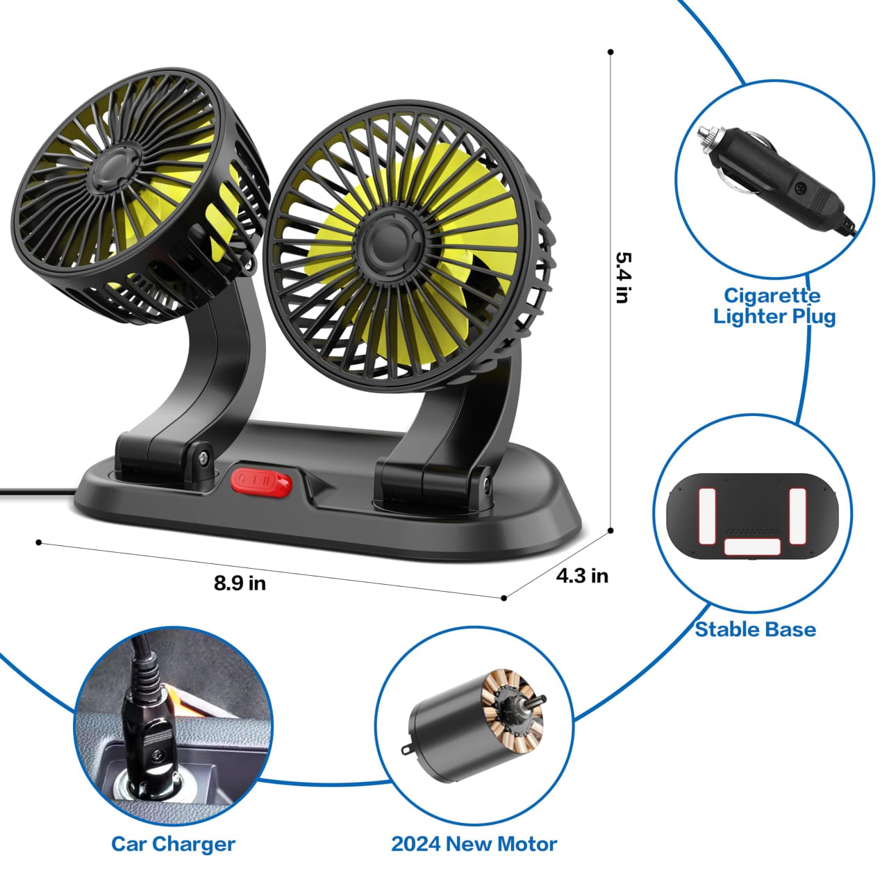 2-Speed Double Head Car Dashboard Fan – 12V Cigarette Lighter Powered