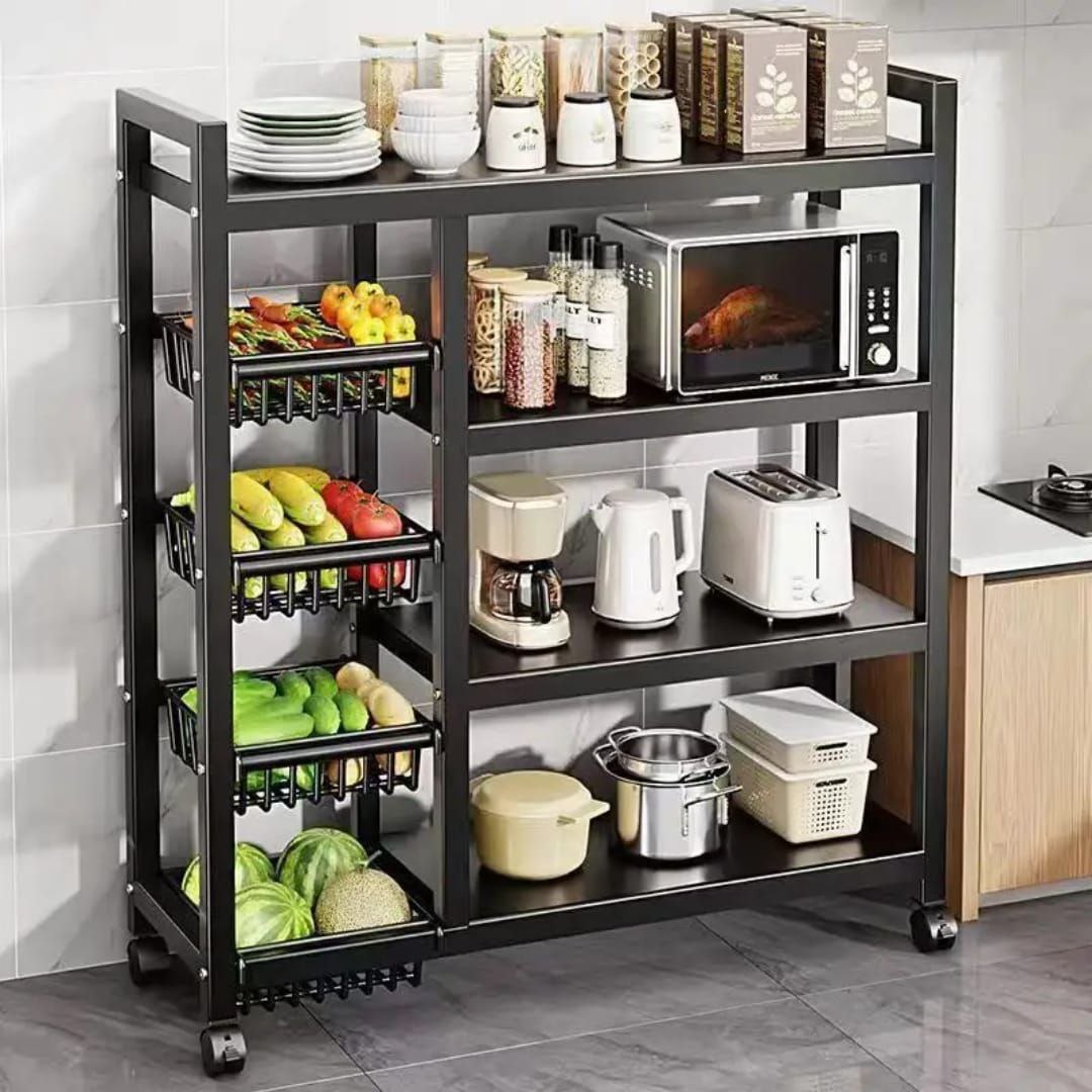 Multifunctional Strong Metallic Kitchen Rack with Movable & Lockable Wheels