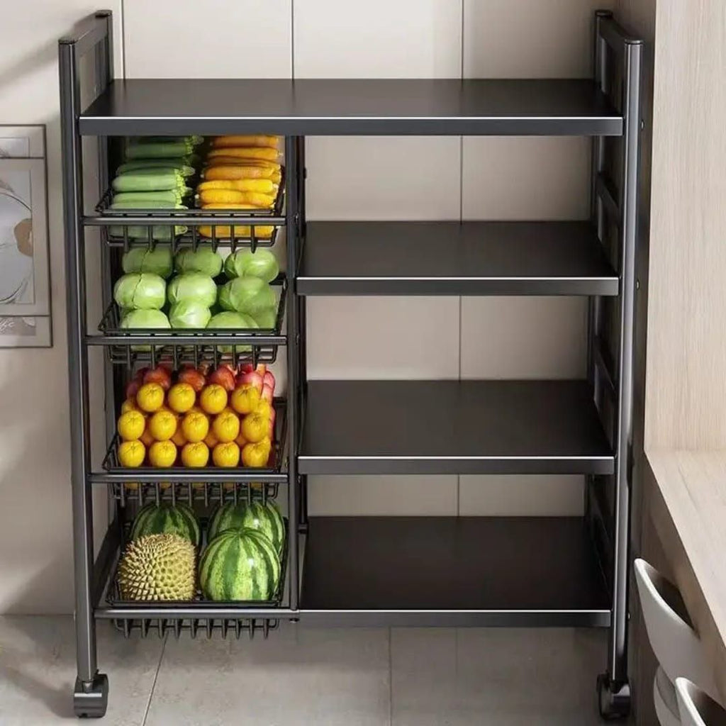 Multifunctional Strong Metallic Kitchen Rack with Movable & Lockable Wheels