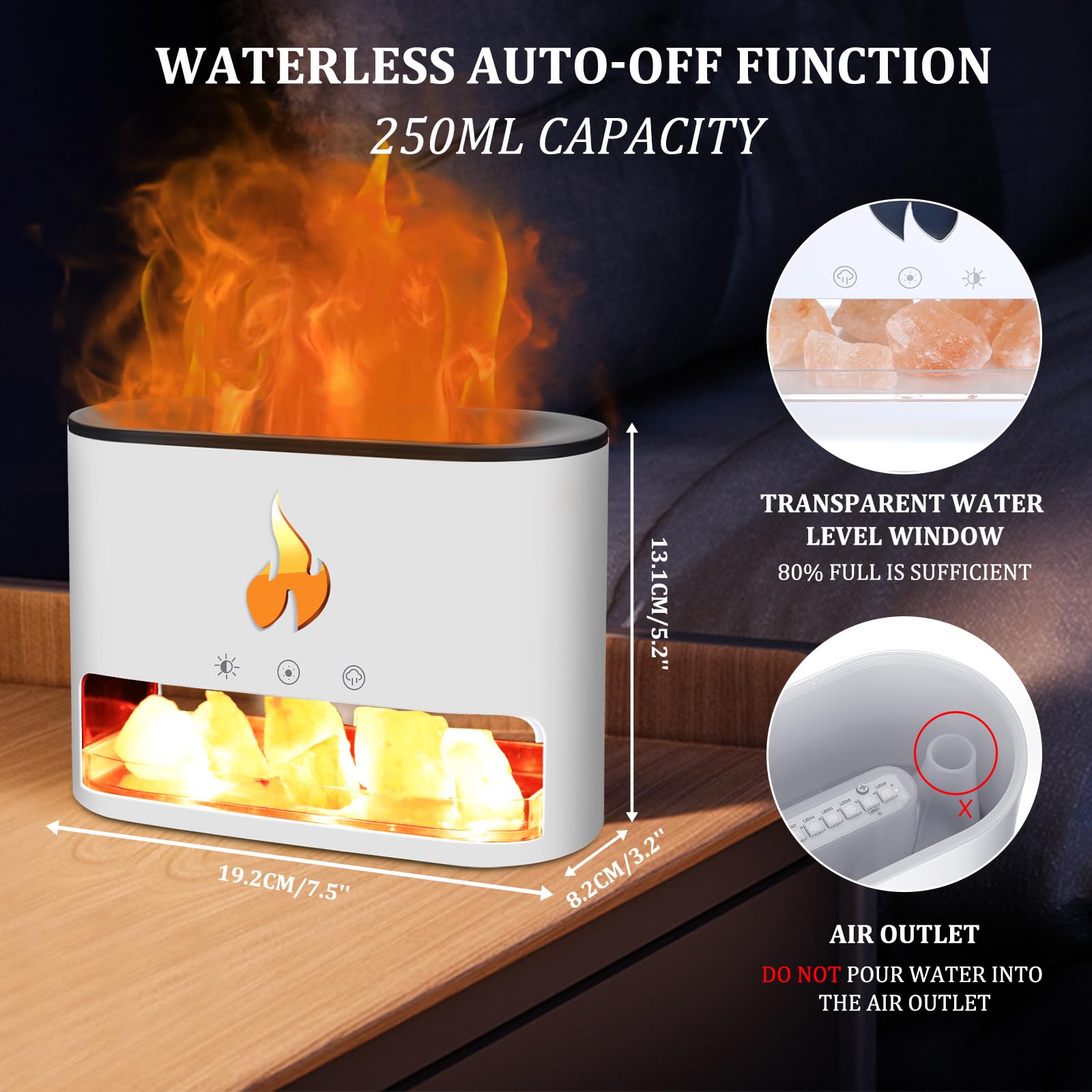 10W Salt Stone Fireplace Aroma Diffuser & Humidifier | 250ml | 7-Colour Flame | Ultra-Quiet | Night Light
