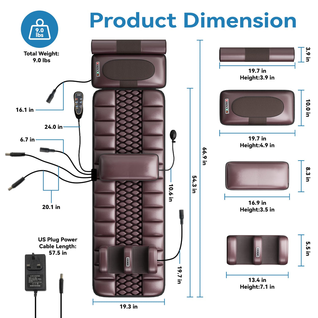 Full Body Massage Mattress | Neck, Back, Lumbar & Foot Massager | Foldable Seat | Wired Controller | Brown